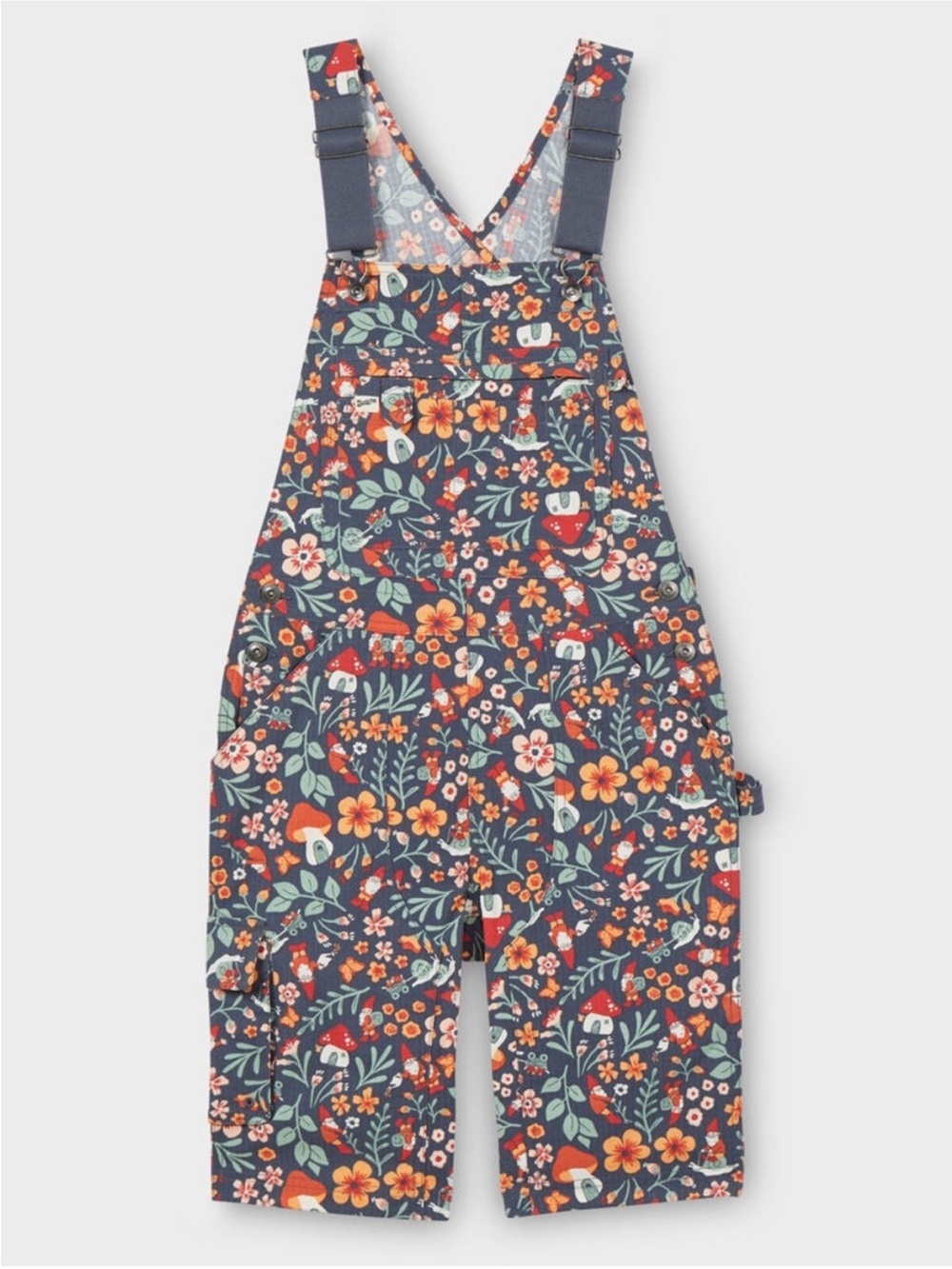 Duluth heirloom gardening short overalls in blue gnome mushroom floral print
